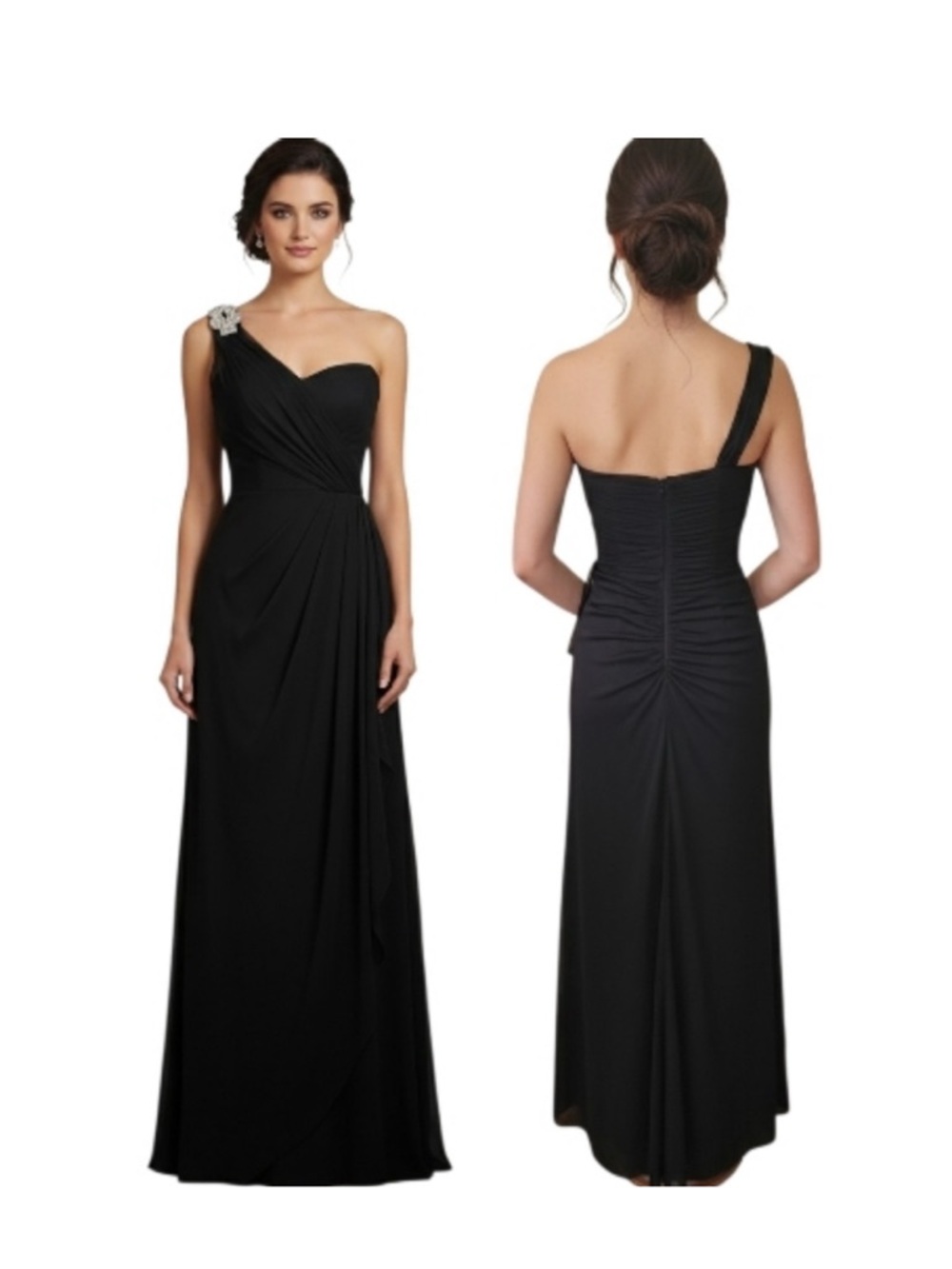 XSCAPE One Shoulder Ruched  Rhinestone Evening Gown - Size 8
